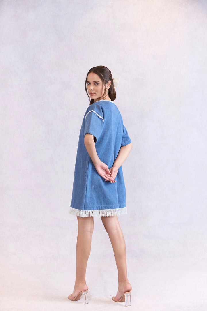 Oversized Frayed Denim Midi Dress
