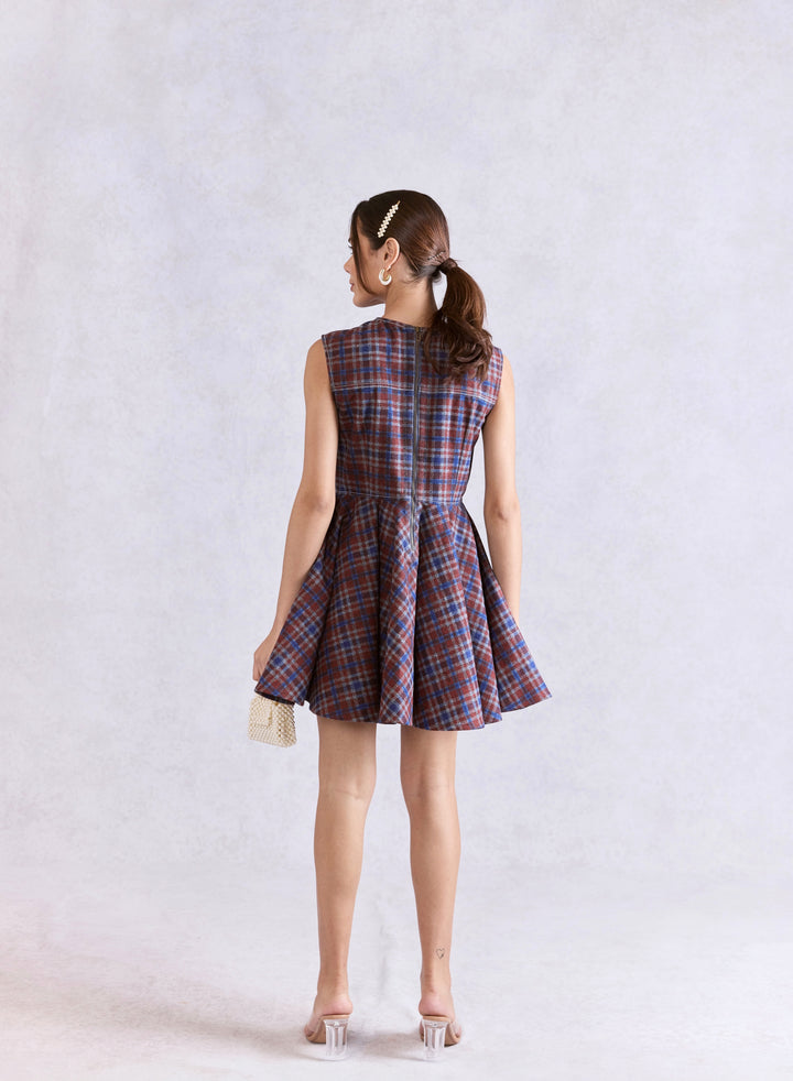 Mini Skater Check Denim Dress With Embellished Bow