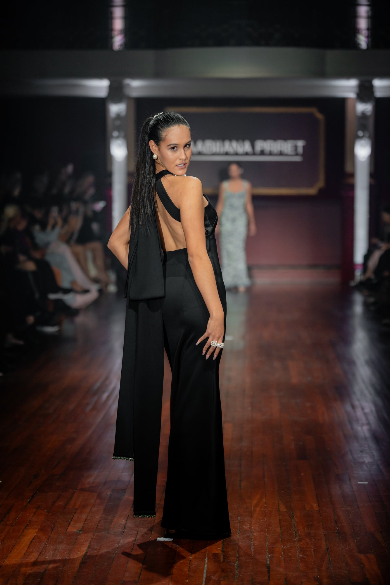 Pearl Bib Neck Halter Gown