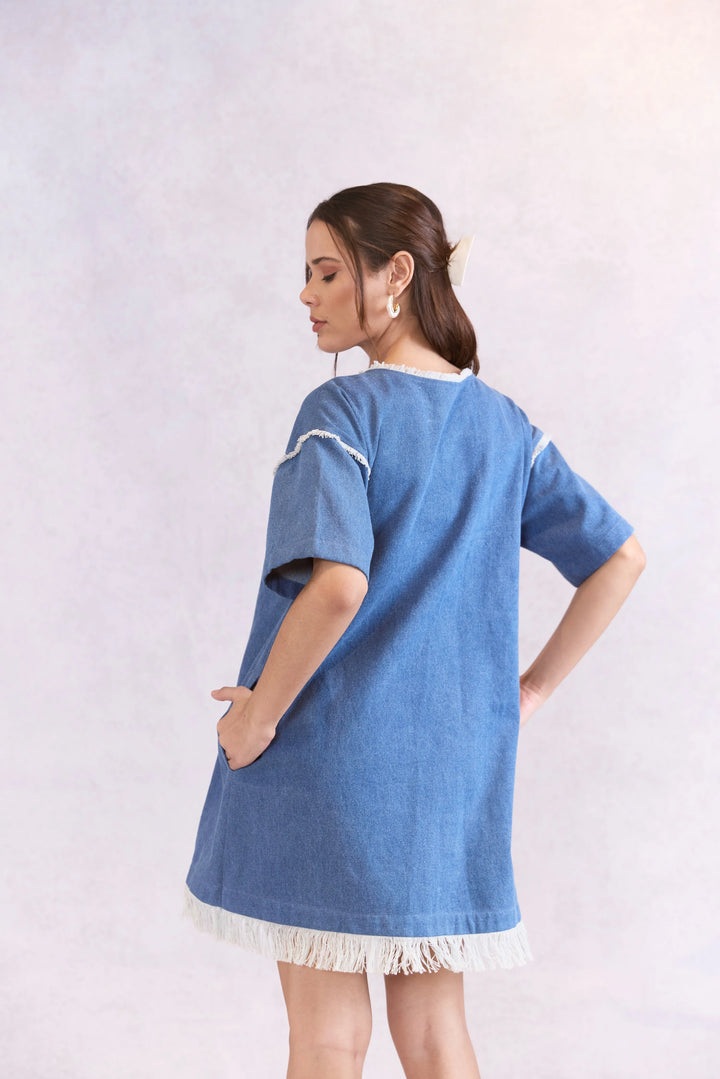 Oversized Frayed Denim Midi Dress