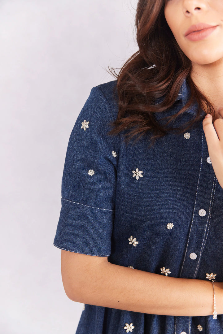 Fit And Flare Embellished Denim Dress