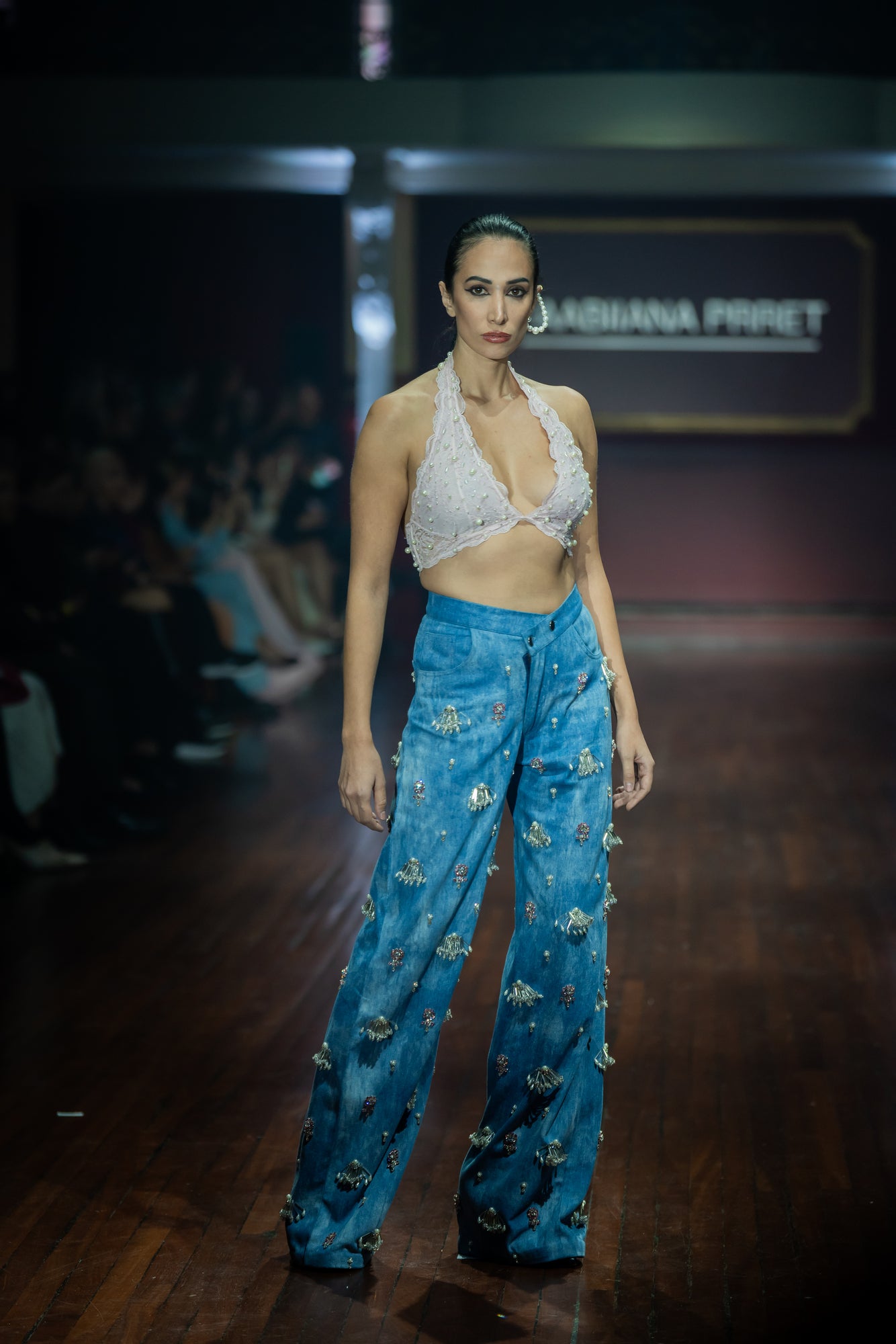 Swarosvki Embellished Denim & Pearl Lace Bralette Set
