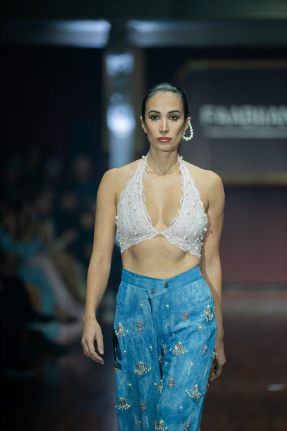 Swarosvki Embellished Denim & Pearl Lace Bralette Set