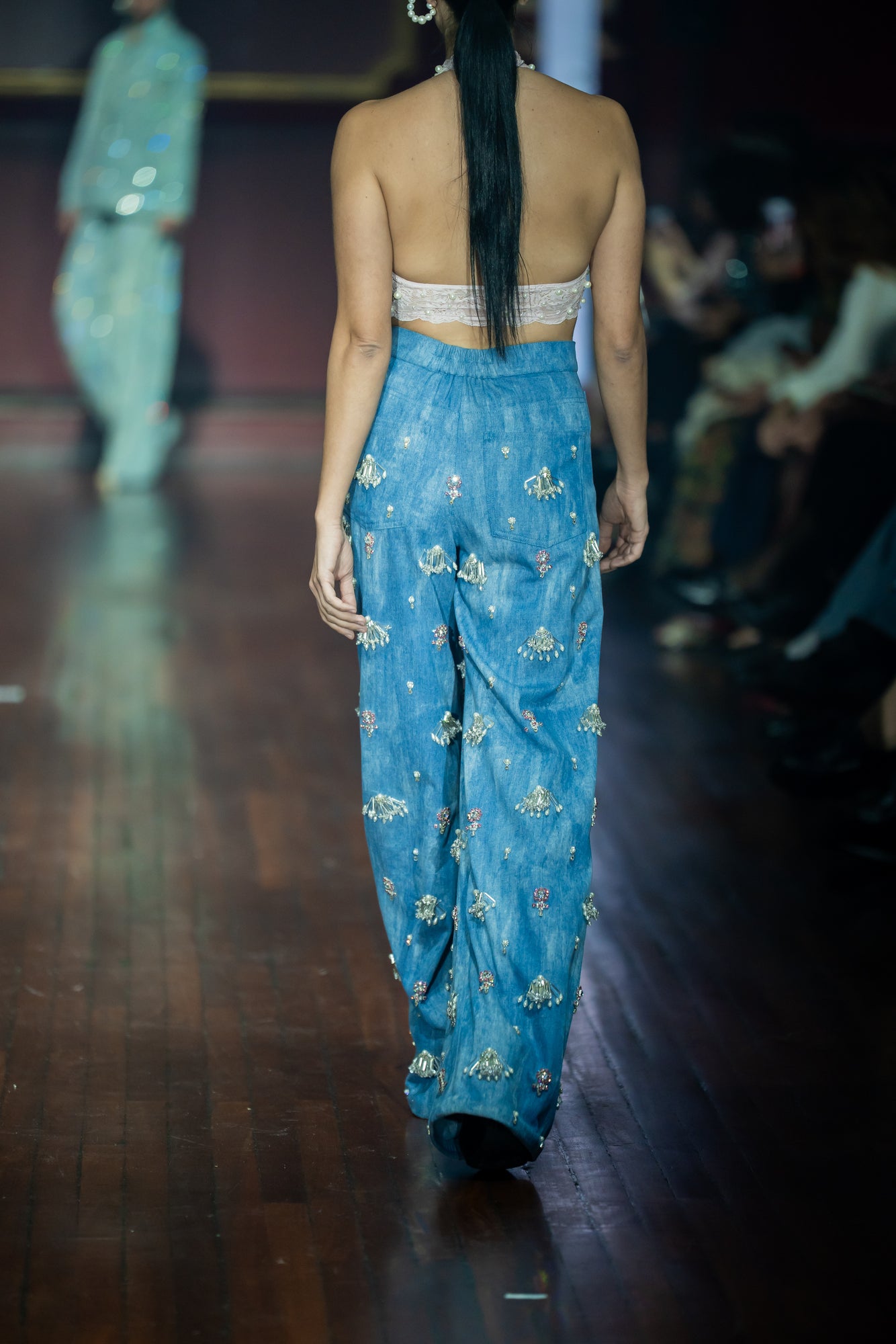 Swarosvki Embellished Denim & Pearl Lace Bralette Set