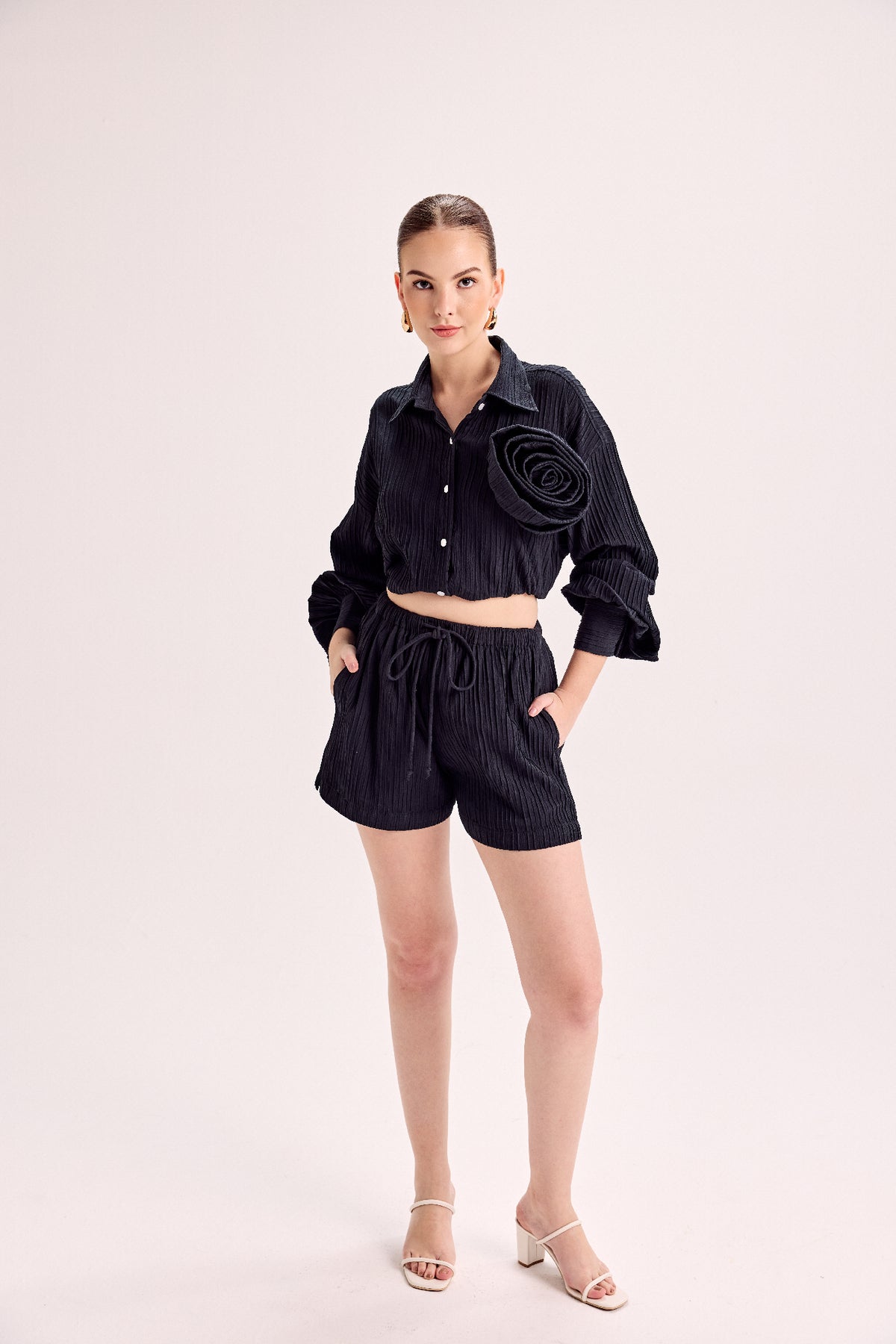 Rosette Embellished Shirt & Shorts Co-Ord Set