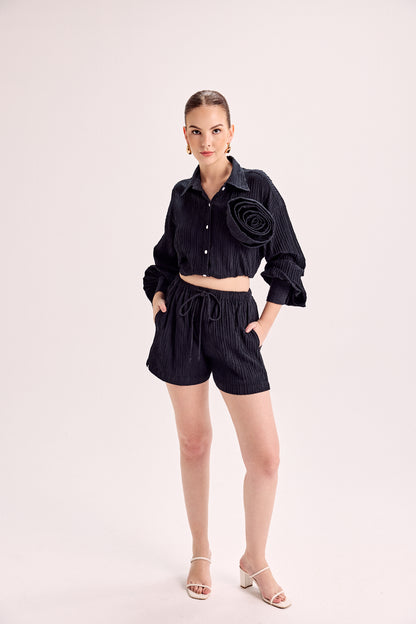Rosette Embellished Shirt & Shorts Co-Ord Set