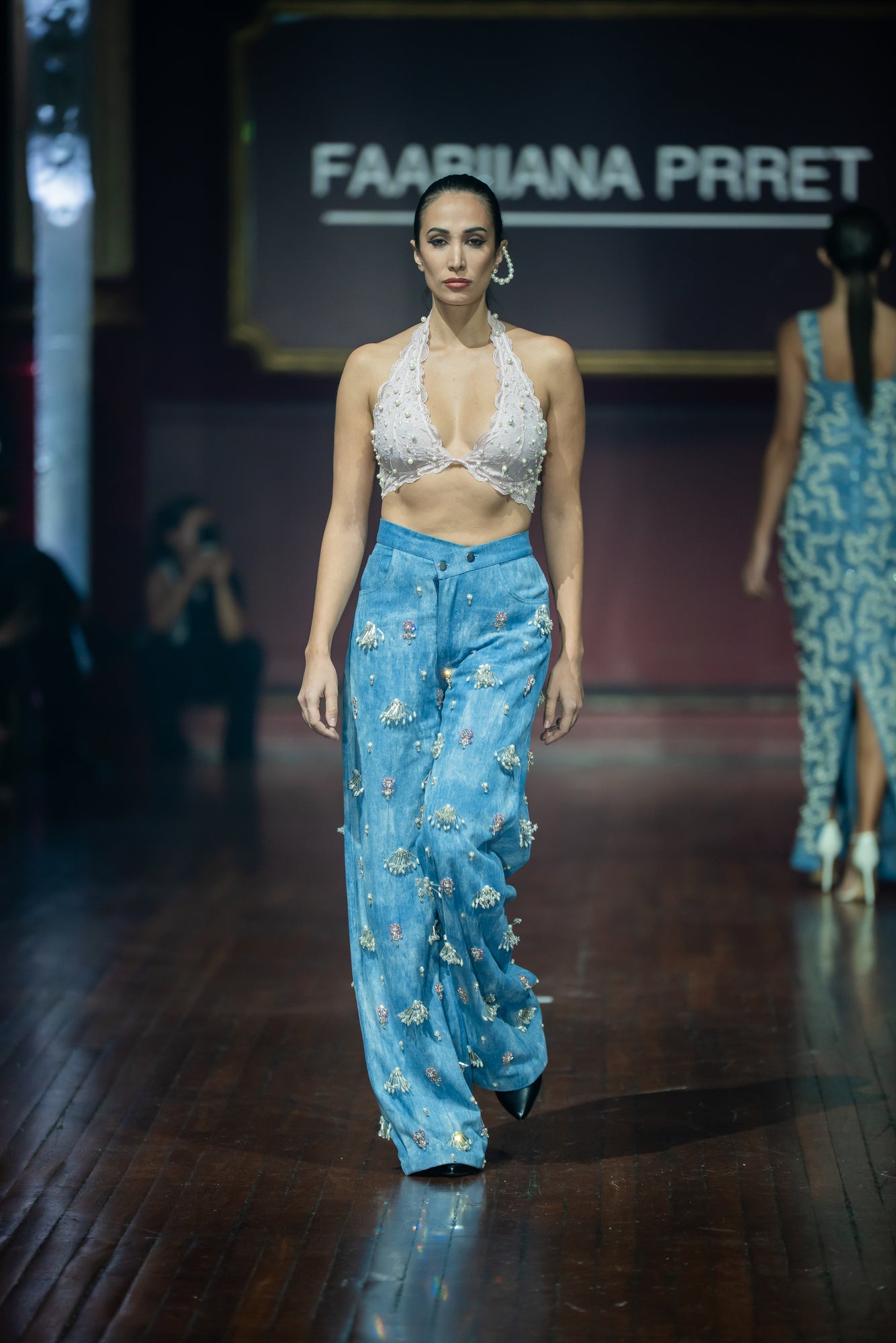 Swarosvki Embellished Denim & Pearl Lace Bralette Set