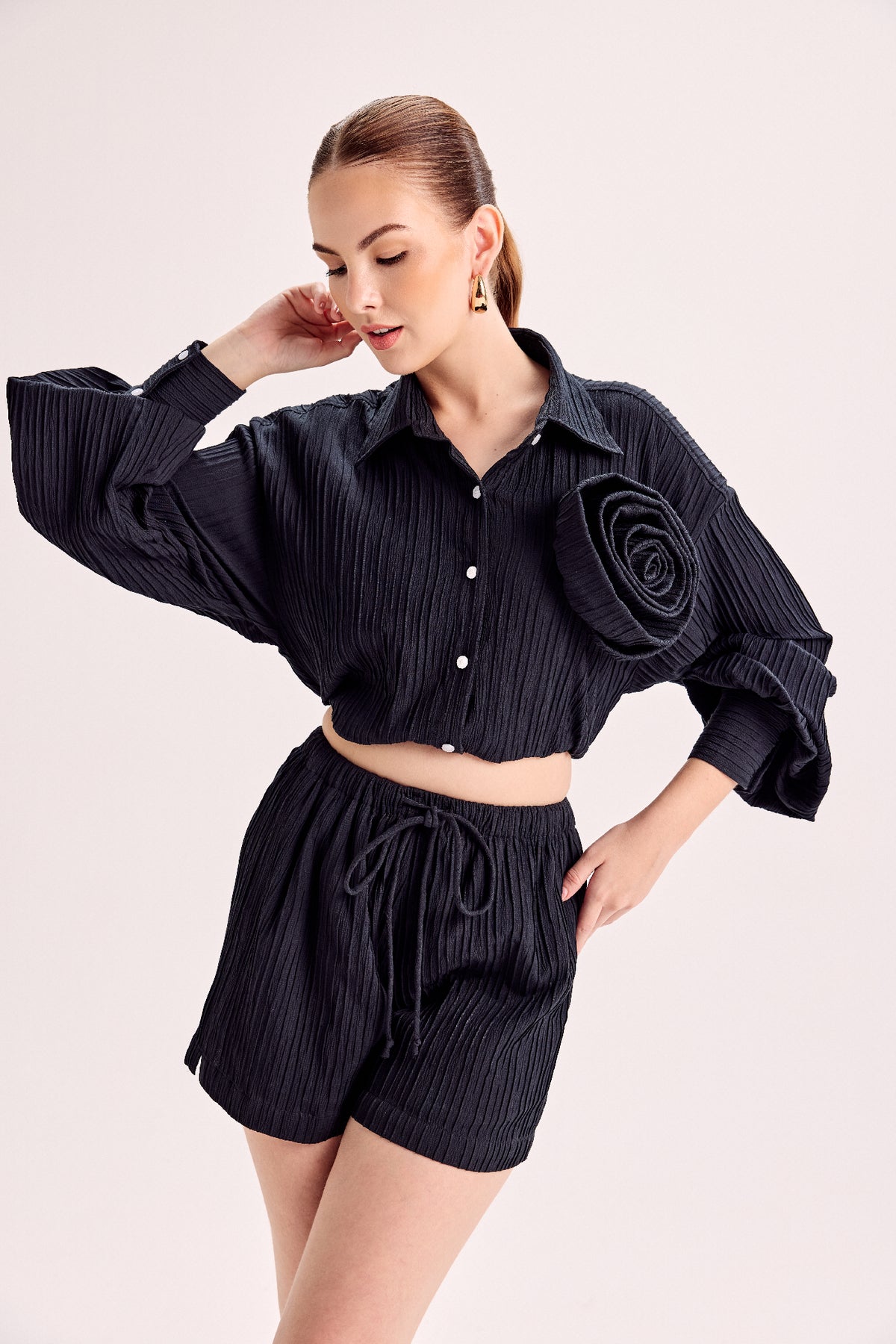 Rosette Embellished Shirt & Shorts Co-Ord Set