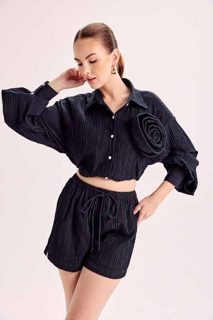Rosette Embellished Shirt & Shorts Co-Ord Set