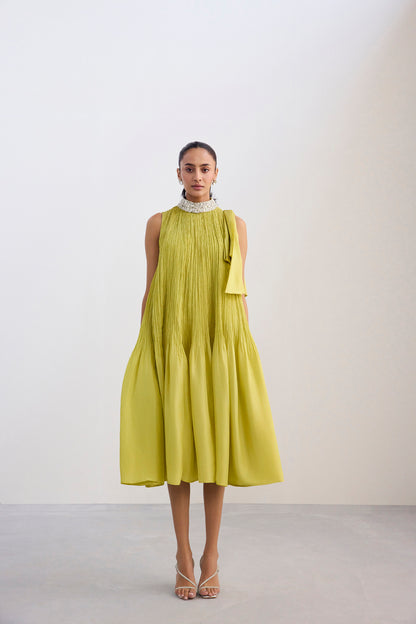 Lime Green Crush Silk Dress With Embellished Neckline