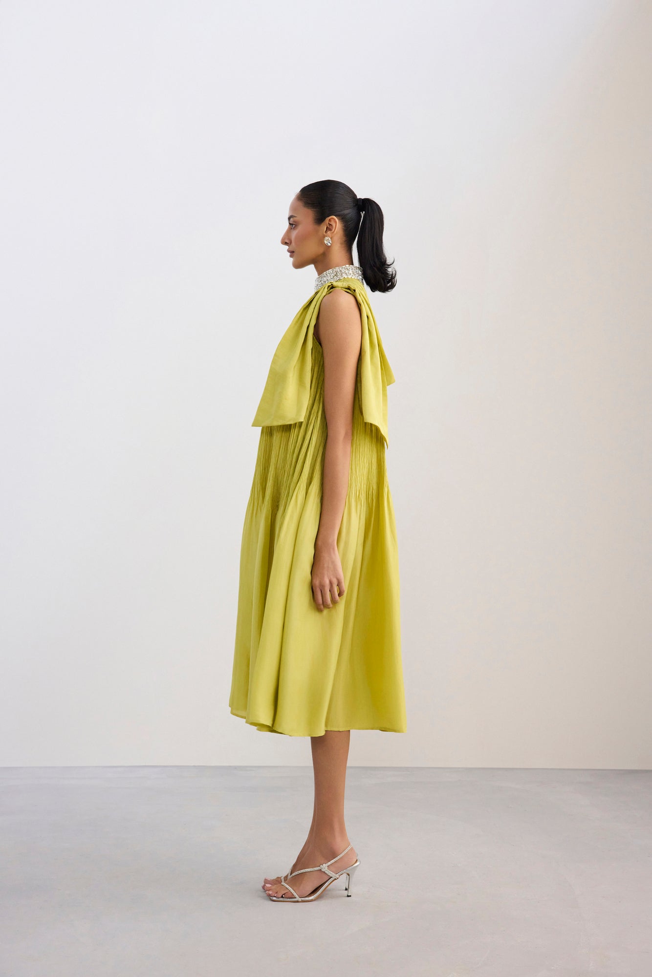 Lime Green Crush Silk Dress With Embellished Neckline