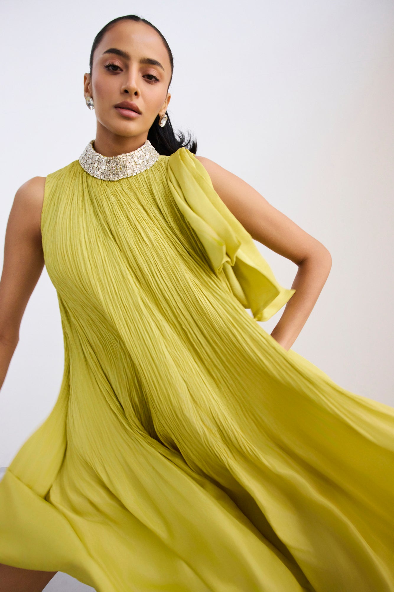 Lime Green Crush Silk Dress With Embellished Neckline