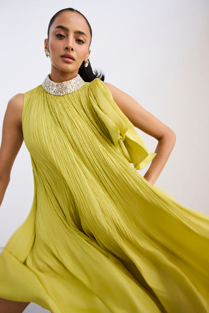 Lime Green Crush Silk Dress With Embellished Neckline