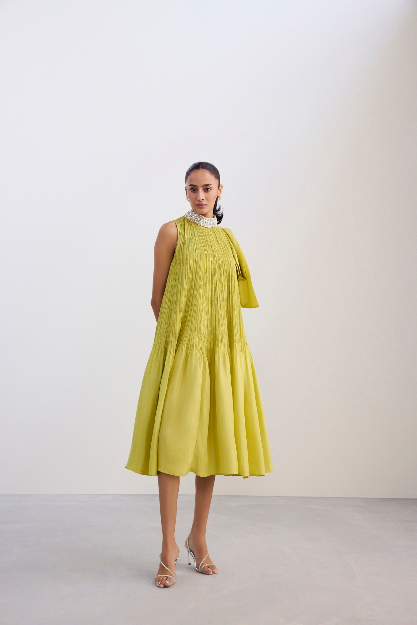 Lime Green Crush Silk Dress With Embellished Neckline