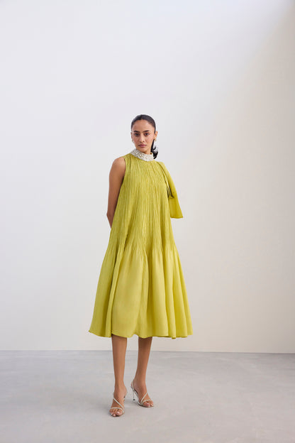 Lime Green Crush Silk Dress With Embellished Neckline