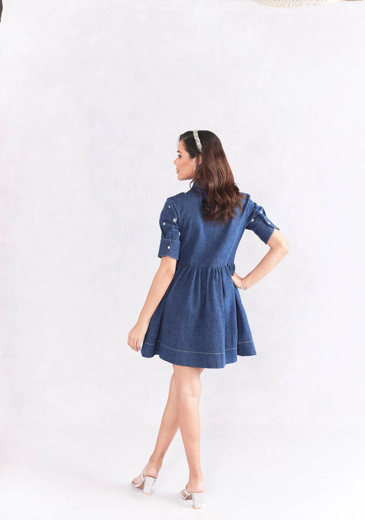 Fit And Flare Embellished Denim Dress