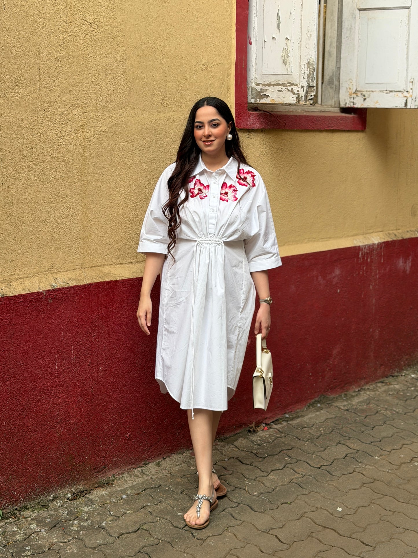 Floral Embroidered Cinched Waist Shirt Dress