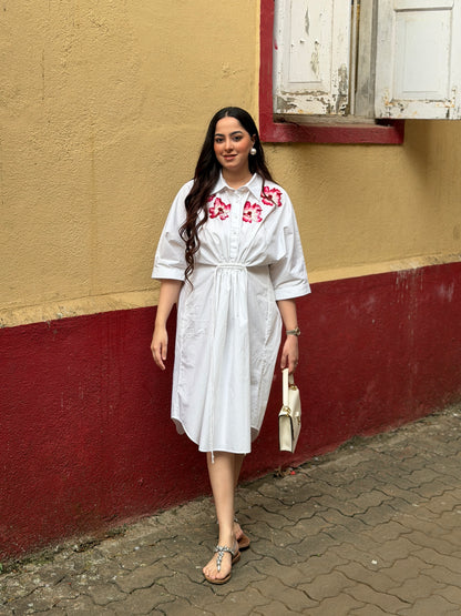 Floral Embroidered Cinched Waist Shirt Dress