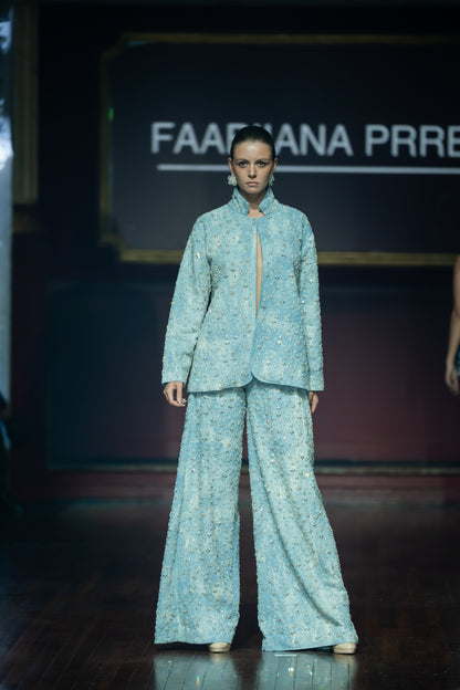 Two-Tone Swarosvki Embellished Denim Jacket & Flared Pant Set