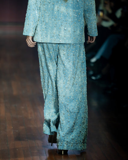 Two-Tone Swarosvki Embellished Denim Jacket & Flared Pant Set