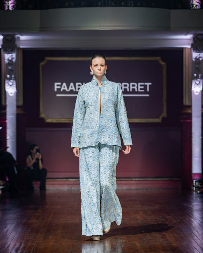 Two-Tone Swarosvki Embellished Denim Jacket & Flared Pant Set