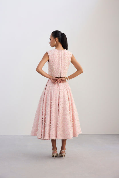 Pearl Embroidered Crop Baby Pink Top & Pearl Embroidered Panelled Midi Baby Pink Scuba Skirt