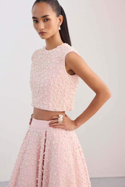 Pearl Embroidered Crop Baby Pink Top & Pearl Embroidered Panelled Midi Baby Pink Scuba Skirt