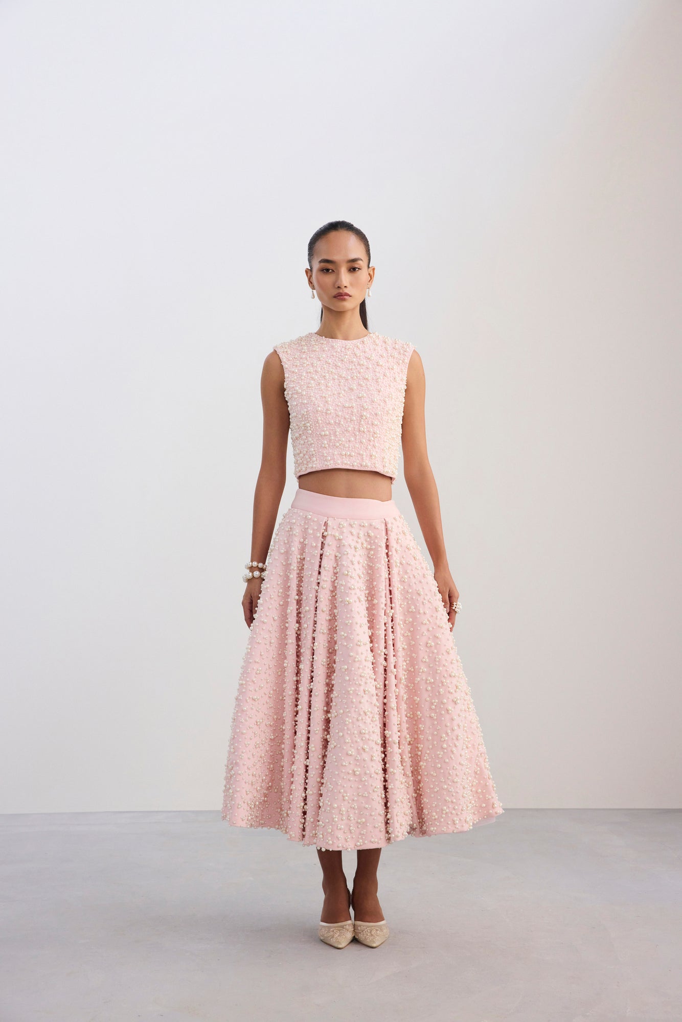 Pearl Embroidered Crop Baby Pink Top & Pearl Embroidered Panelled Midi Baby Pink Scuba Skirt