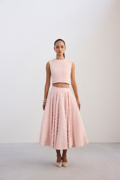 Pearl Embroidered Crop Baby Pink Top & Pearl Embroidered Panelled Midi Baby Pink Scuba Skirt