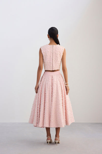 Pearl Embroidered Crop Baby Pink Top & Pearl Embroidered Panelled Midi Baby Pink Scuba Skirt