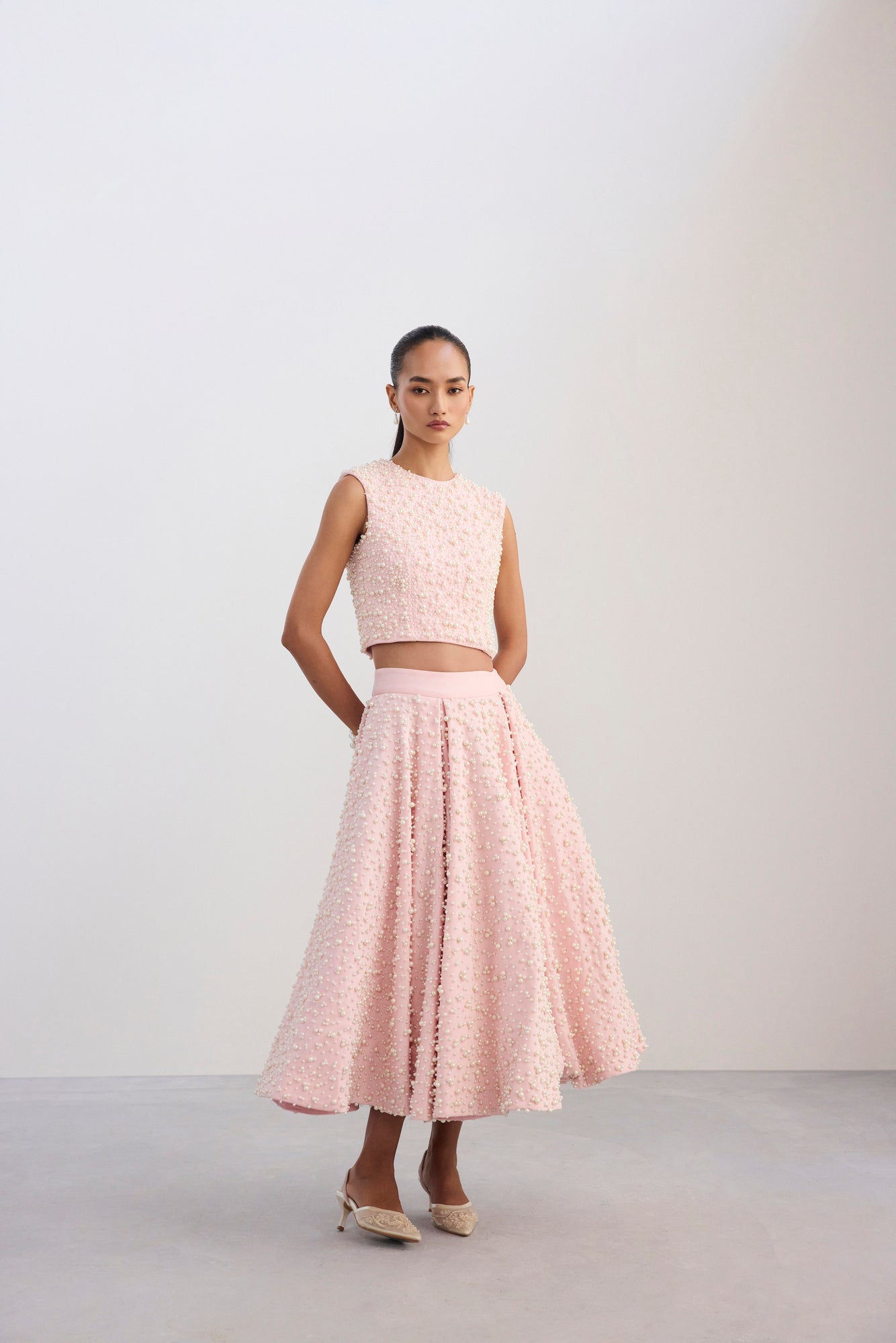 Pearl Embroidered Crop Baby Pink Top & Pearl Embroidered Panelled Midi Baby Pink Scuba Skirt