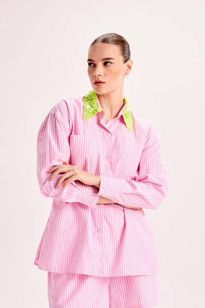 Sequins Collared Shirt Co-Ord Set