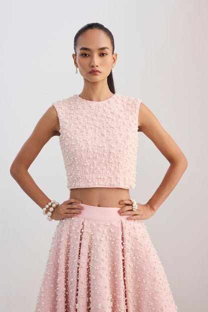 Pearl Embroidered Crop Baby Pink Top & Pearl Embroidered Panelled Midi Baby Pink Scuba Skirt