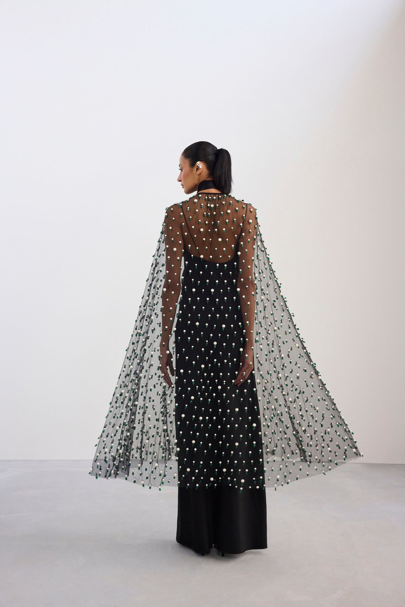Long Maxi Slip Dress With Gemstone Embroidered Cape