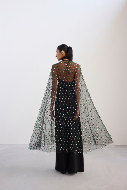 Long Maxi Slip Dress With Gemstone Embroidered Cape
