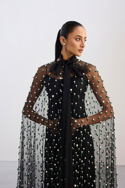 Long Maxi Slip Dress With Gemstone Embroidered Cape