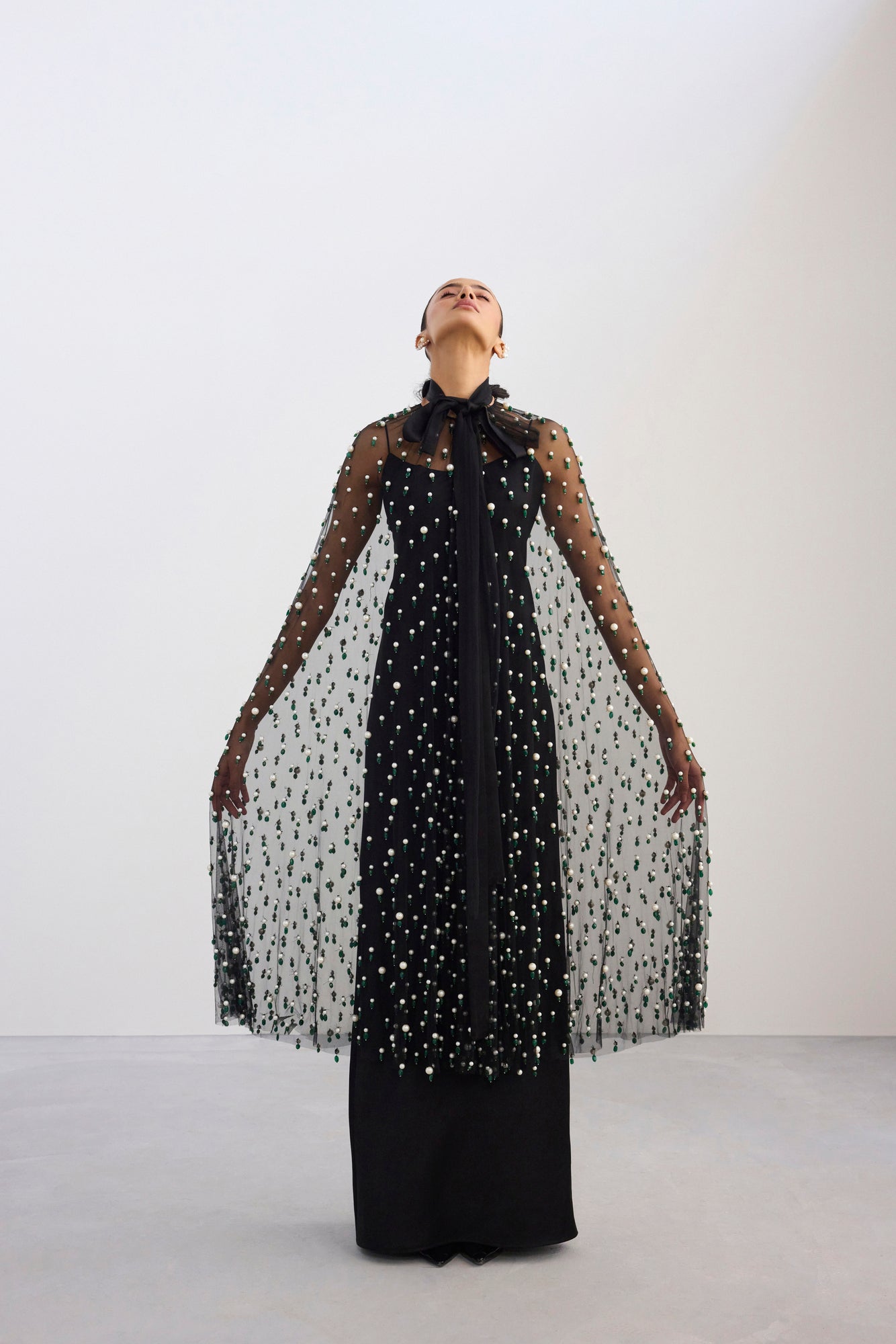Long Maxi Slip Dress With Gemstone Embroidered Cape