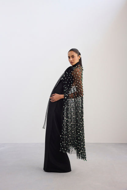 Long Maxi Slip Dress With Gemstone Embroidered Cape