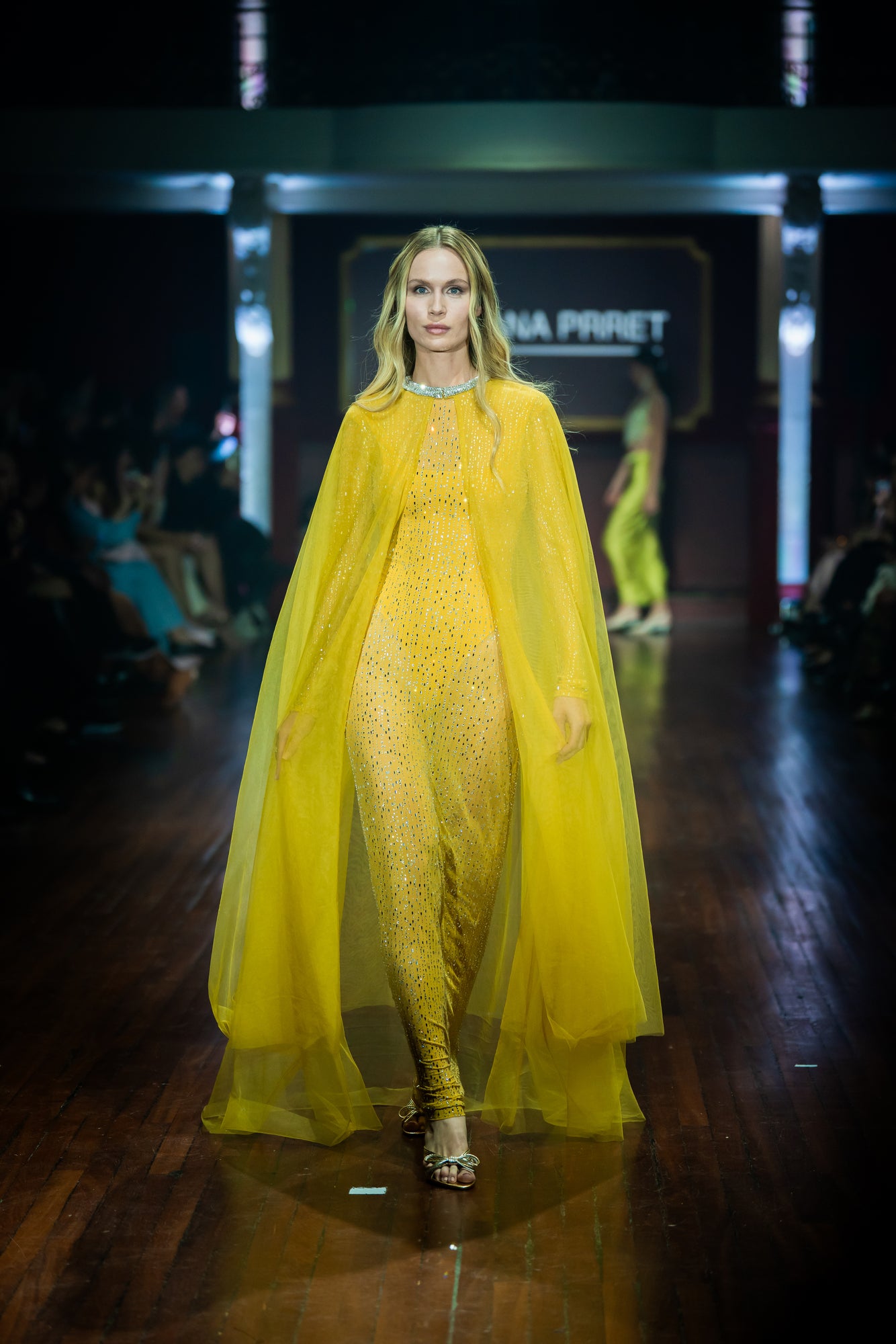 Embroidered Yellow Long Sleeve Dress With Cape
