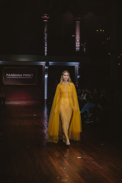 Embroidered Yellow Long Sleeve Dress With Cape