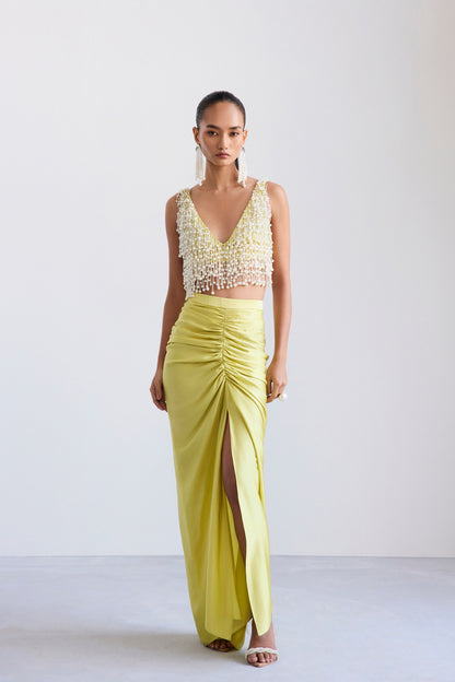 Embellished Pearl Crop & Draped Skirt Set
