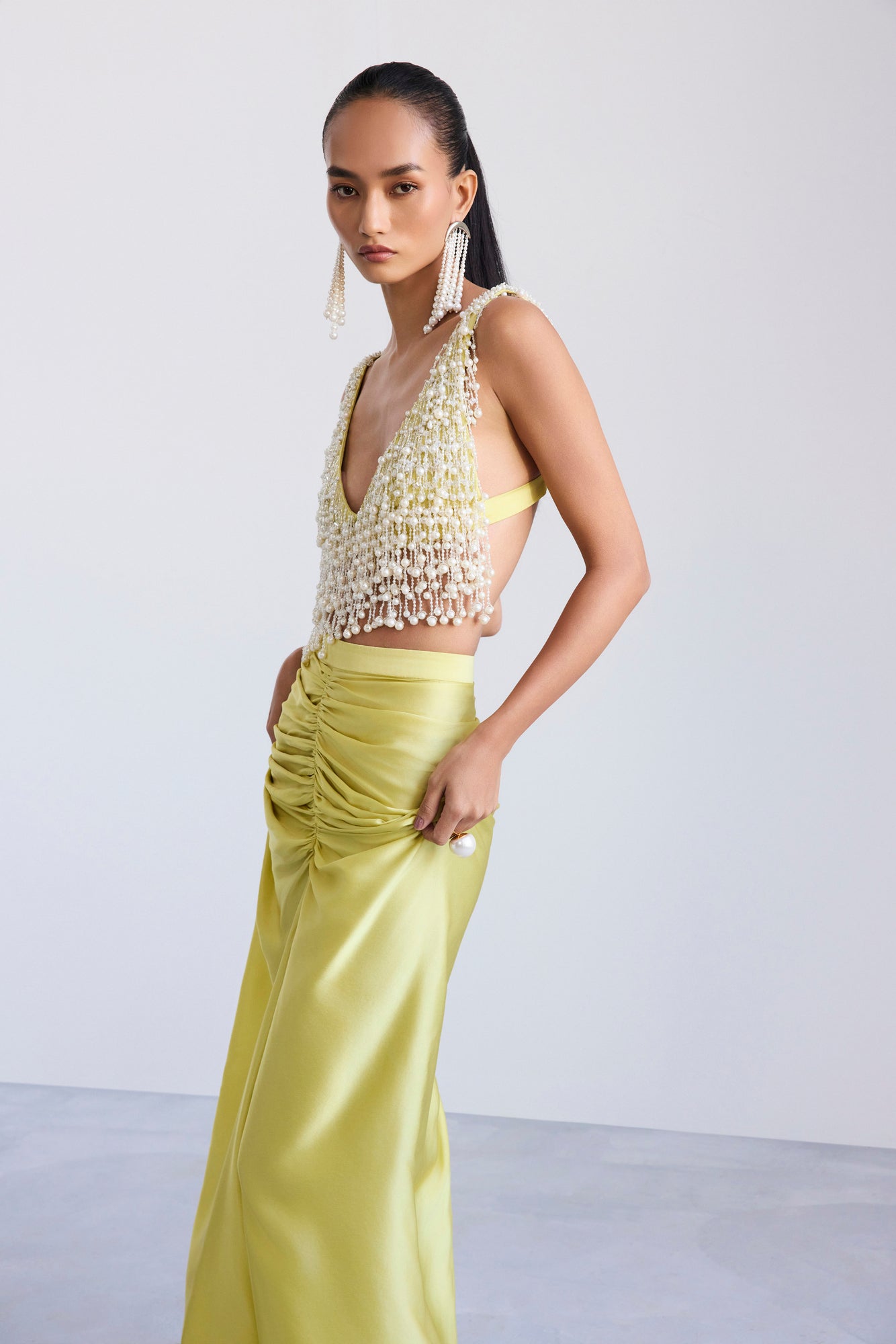 Embellished Pearl Crop & Draped Skirt Set