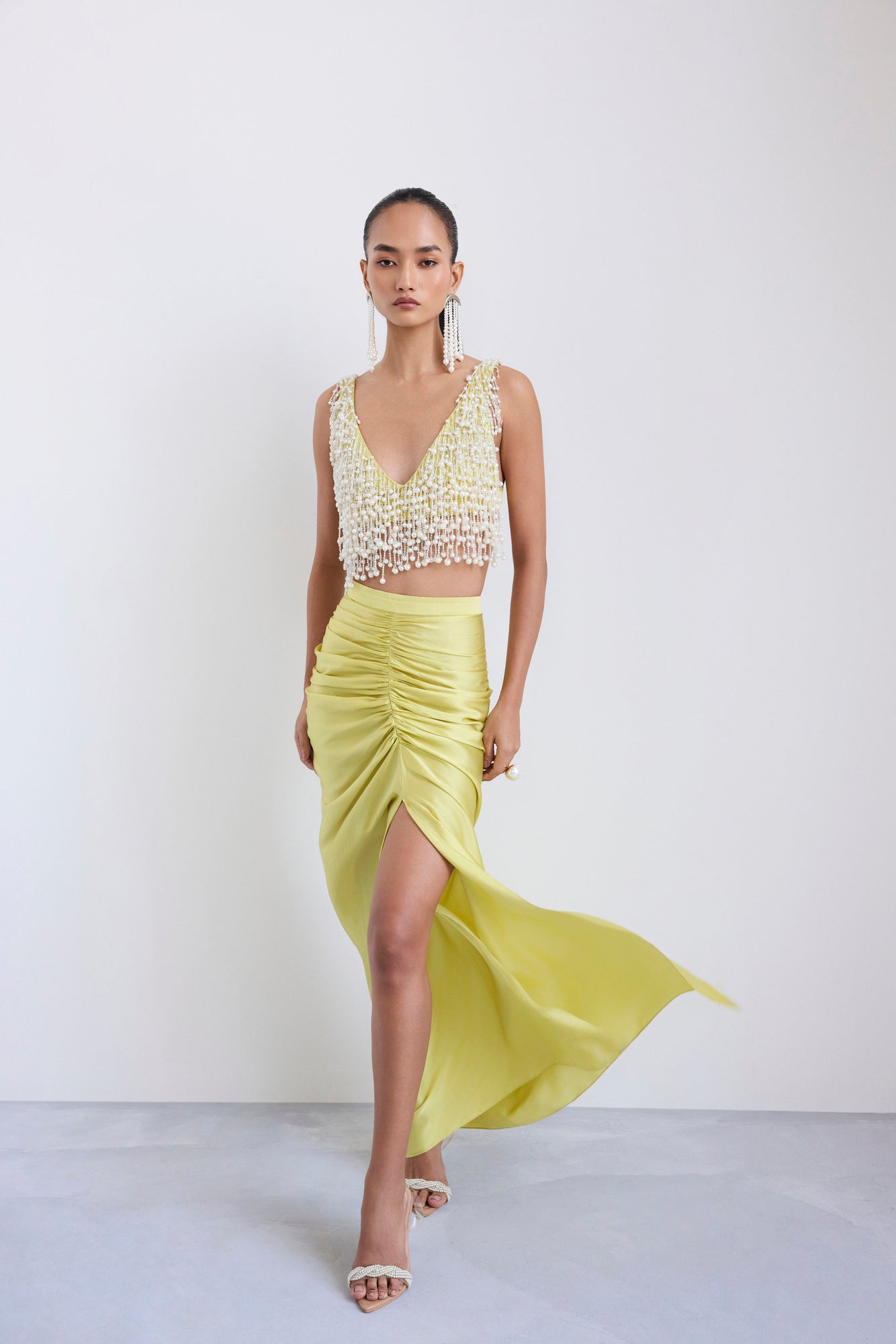 Embellished Pearl Crop & Draped Skirt Set