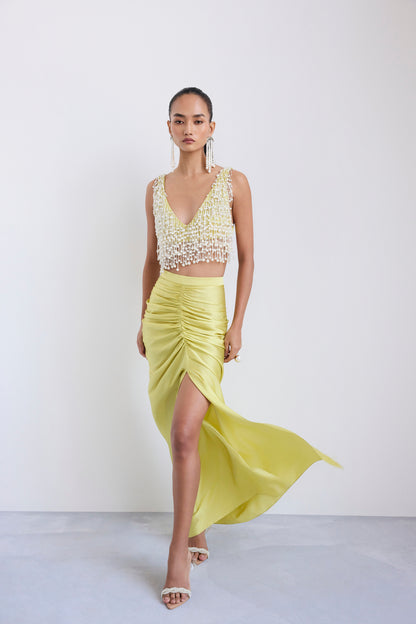 Embellished Pearl Crop & Draped Skirt Set