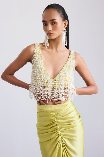 Embellished Pearl Crop & Draped Skirt Set