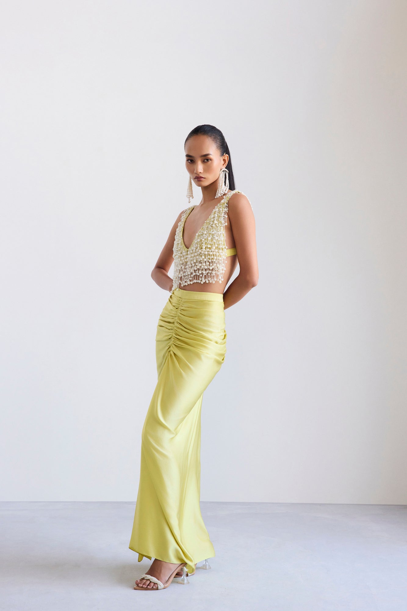 Embellished Pearl Crop & Draped Skirt Set