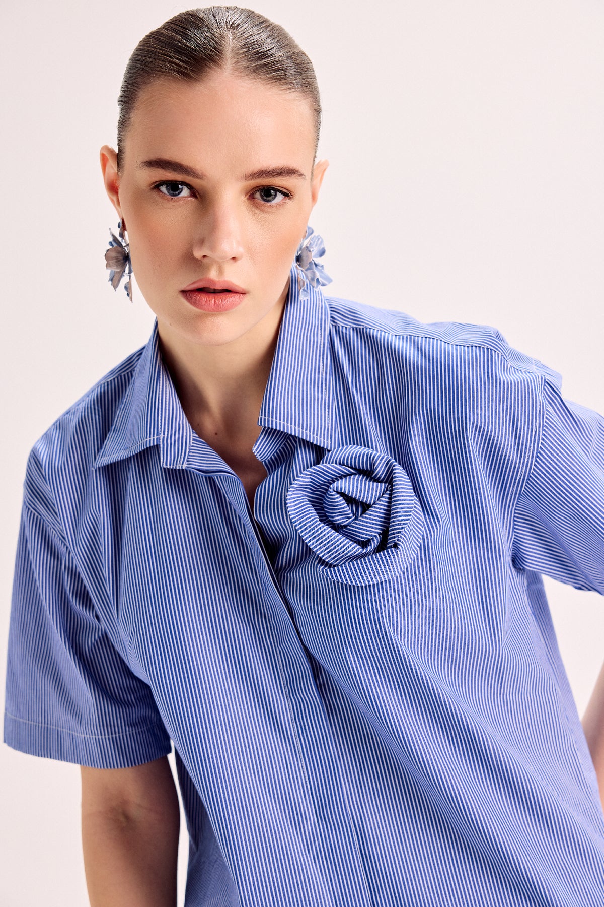 Mounted Flower Pinstripe Shirt And Shorts Co-Ord Set