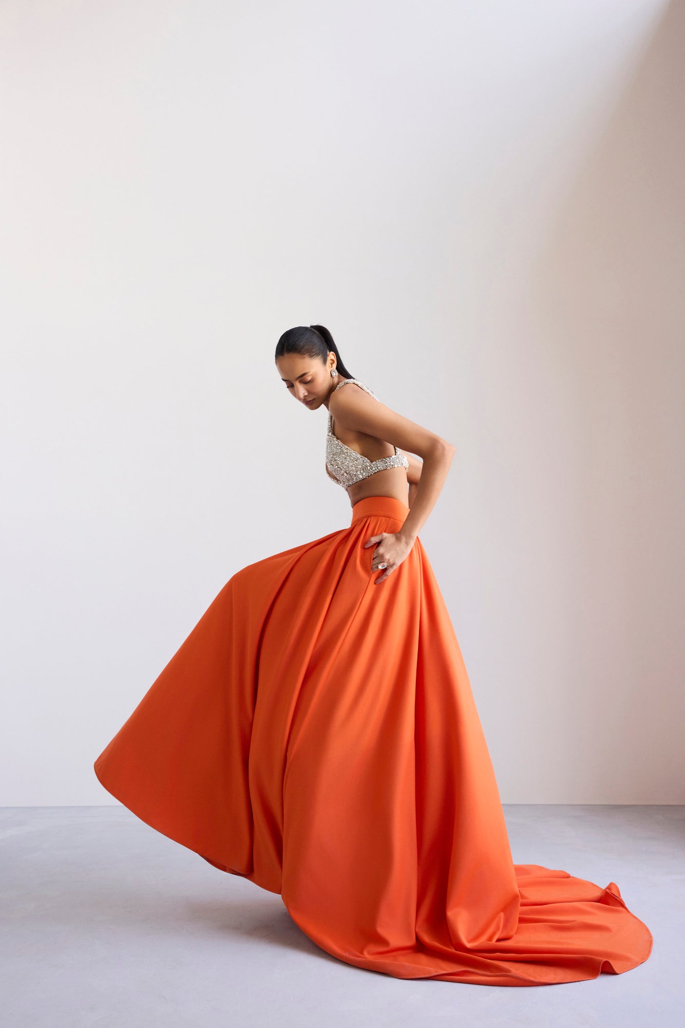 Swarosvki Bralette & Orange Scuba Ball Skirt With Tail
