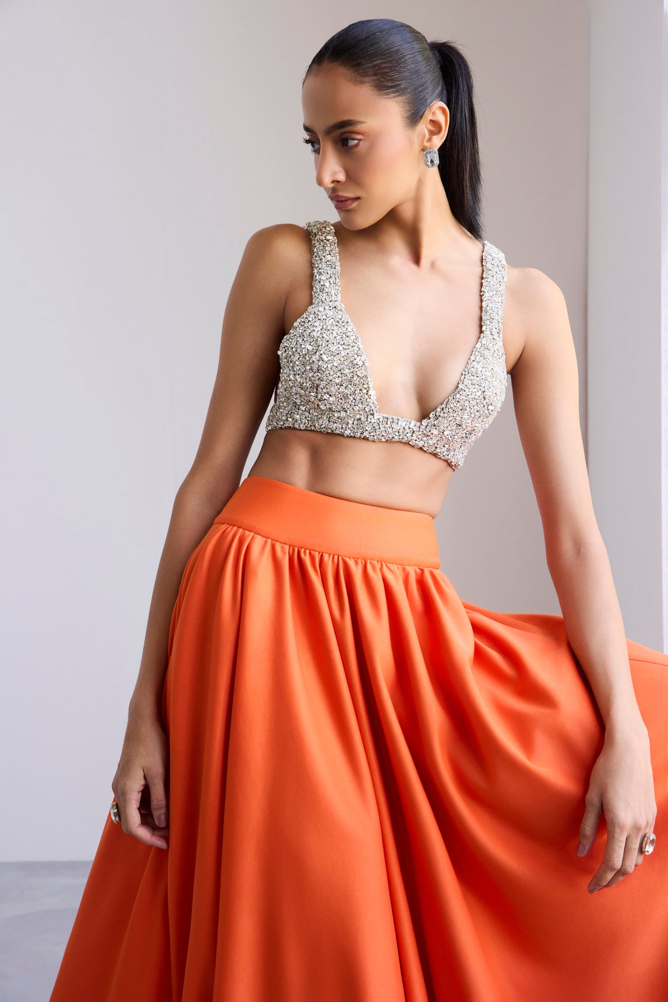 Swarosvki Bralette & Orange Scuba Ball Skirt With Tail