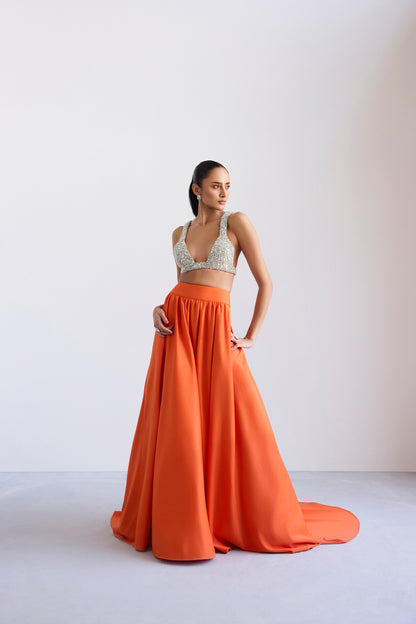 Swarosvki Bralette & Orange Scuba Ball Skirt With Tail